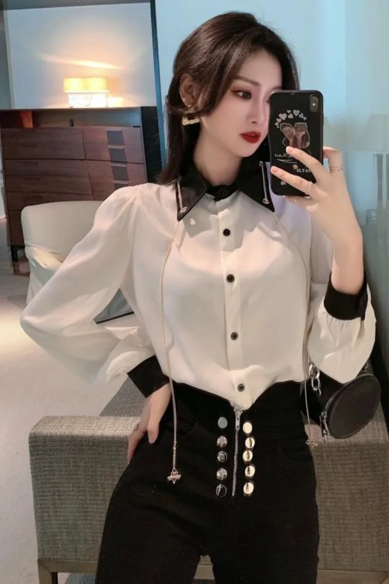 

New Temperament Contrast Color Single-Breasted Shirts Women 2021 Summer Fashion Long Sleeve Polo Collar Straight Blouse Female
