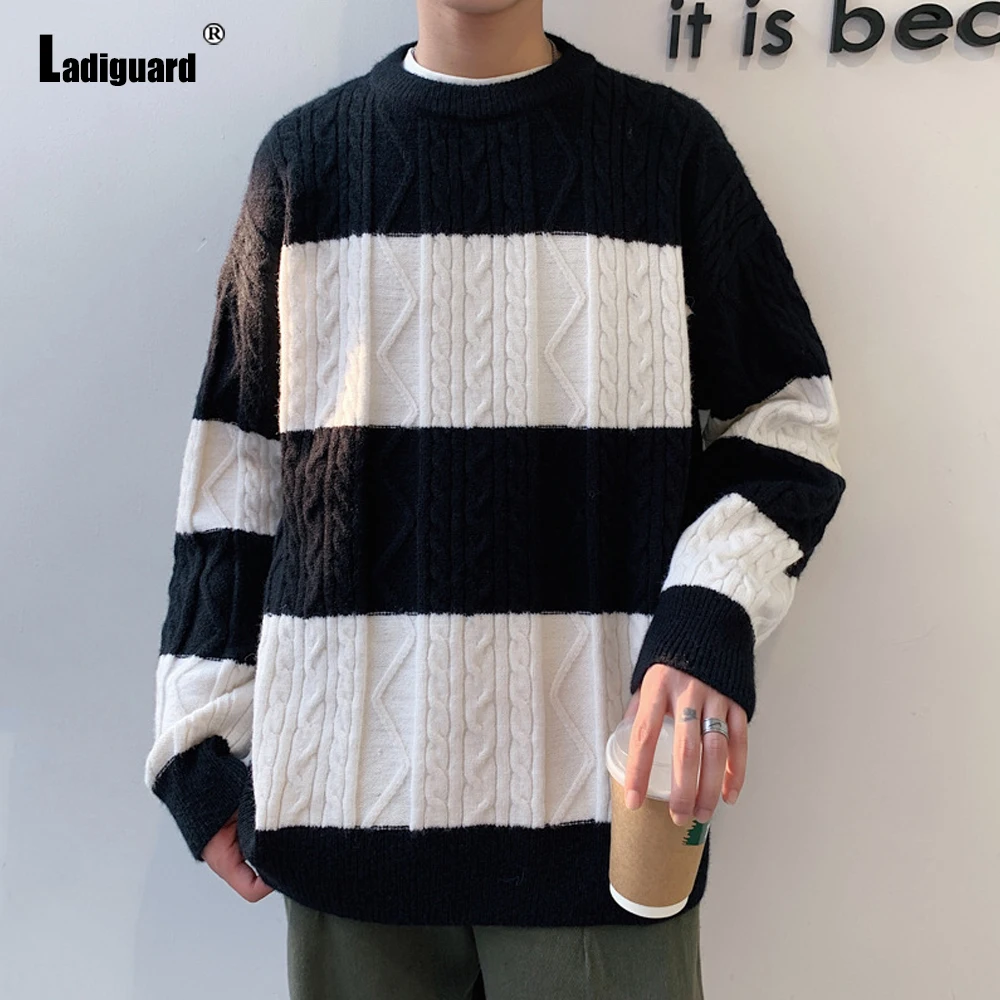 Ladiguard Knitted Sweater Mens Autumn Fashion Stripes Top Loose Casual Pullovers Long Sleeve Sweater Sexy Mens Clothing 2021