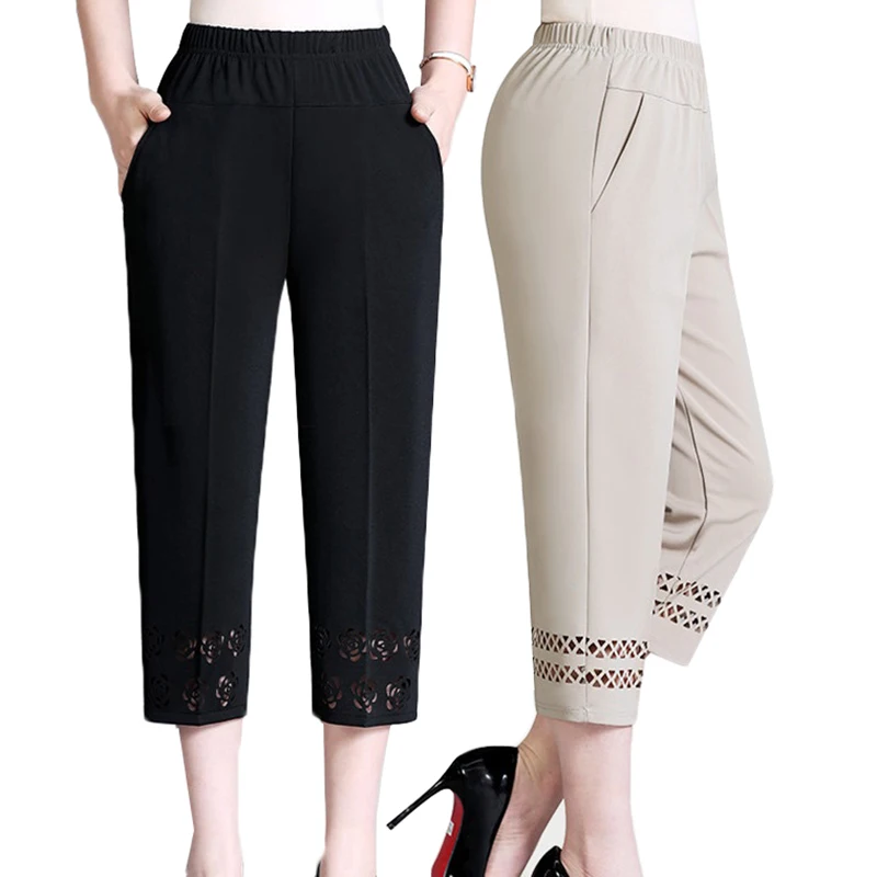 

Summer Women Thin Cropped Pants New Elastic High Waist Straight Pants Hollow Loose Plus Size 5XL Middle-aged Female Casual Pants