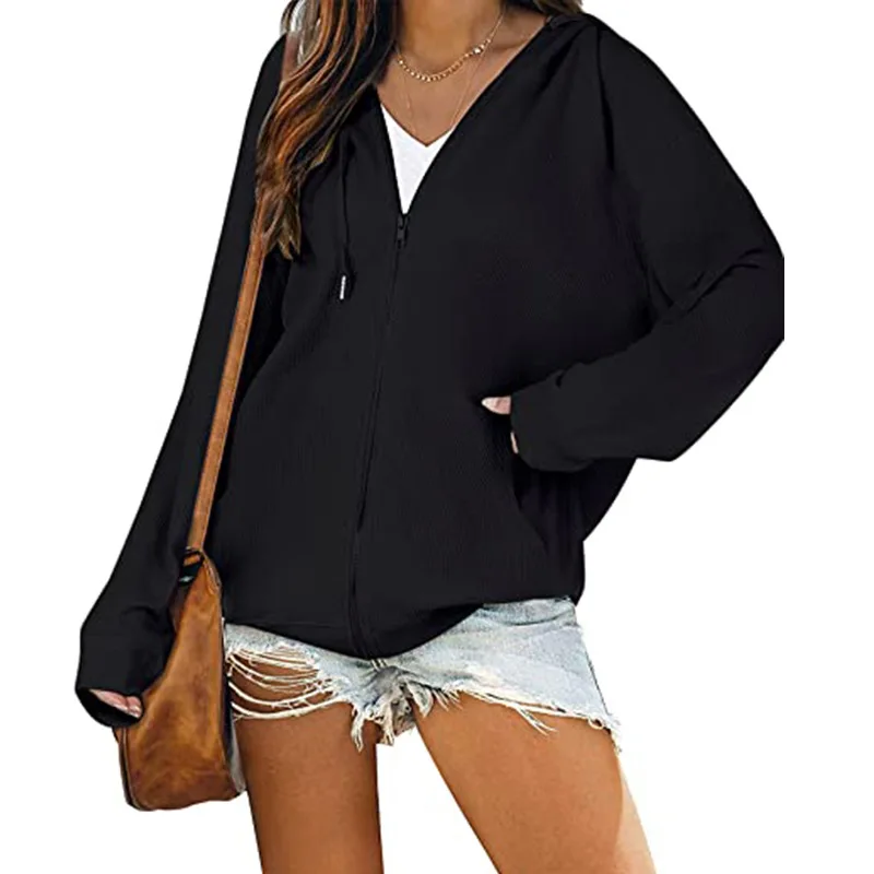 

Cross-border Europe And The United States 2021 Amazon Autumn And Winter New Waffge Pull Hooded Casual Loose Long Sleeve Jacket