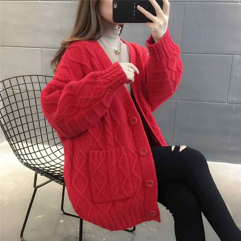 

Women 2020 Autumn Winter Fashion Elegant V-Neck Cardigans Female Long Knitted Sweater Coat Ladies Casual Thick Warm Outwear S48