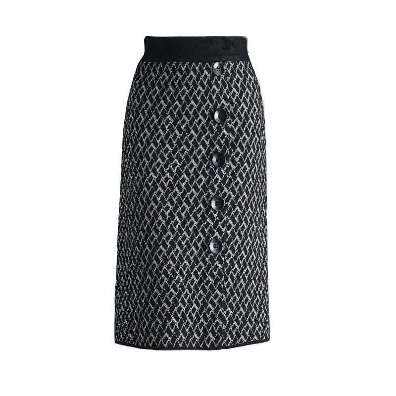 

Autumn & Winter New Knitted Skirt High Waist Slim Stretch All-match Casual Simple Plaid Women A-line Long Skirt Free Shipping