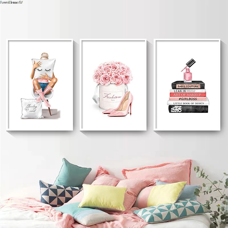 Lienzo de decoraci&oacute;n de estilo n&oacute;rdico para pared, pintura al &oacute;leo sin marco, P&oacute;ster Art&iacute;stico para dormitorio, minimalista y moderno, color rosa encantador-2