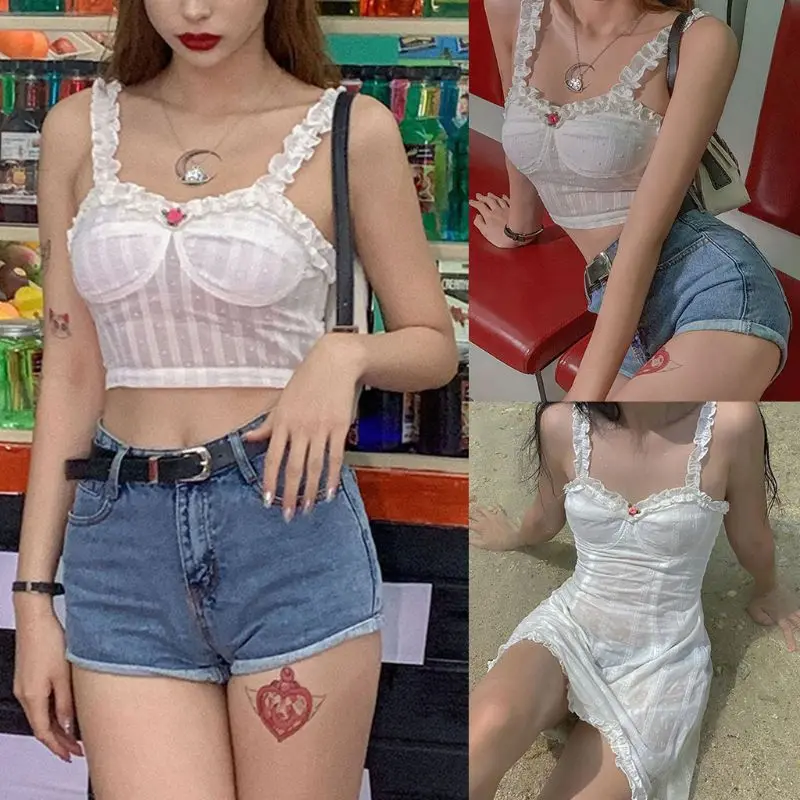 

Women Summer Sleeveless Frill Ruffles White Mini Slim Dress Stripes Pompom Wave Point Floral Bow Sexy Party Clubwear