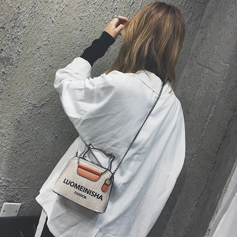 

Сумка на плечо женская из хлопка и льна, Модный Ракушечный саквояж на цепочке с принтом кота и надписью, сумочка кросс-боди на одно плечо