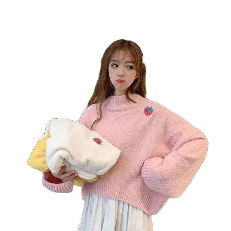 

Korean Fashion Pink Sweater Crop Top and Short Set Cute Y2k Spring Autumn Pullovers Women Oversize Ulzzang Strawberry Jumper