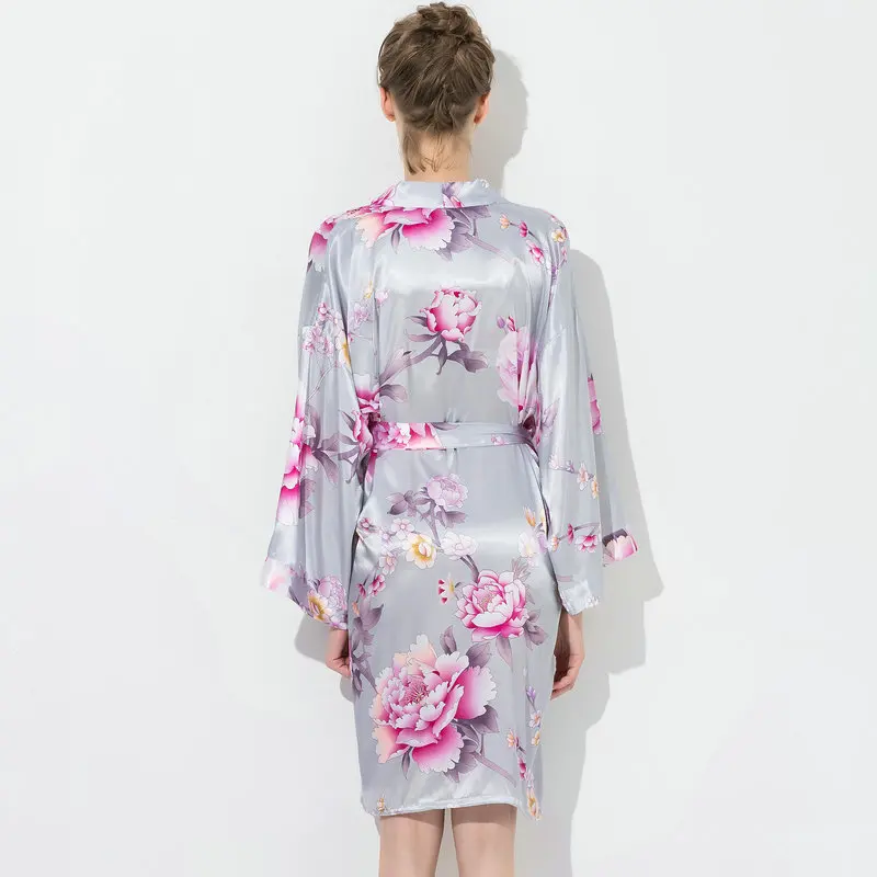 Owiter цветочный атласный Шелковый кимоно для невесты Цветочные халаты Серый халат