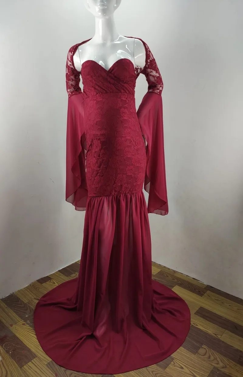 

Maternity Photography Props Lace Patchwork Chiffon Off Shoulder Dress Pregnancy Dress Photography Pregnant Long-Sleeved Clothes