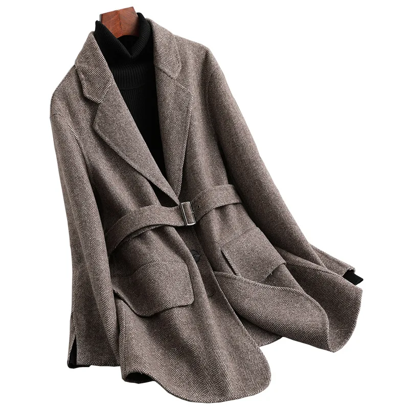 Женский 19FW двусторонний шерстяной твидовый бейзер кофта жакет с повязкой |