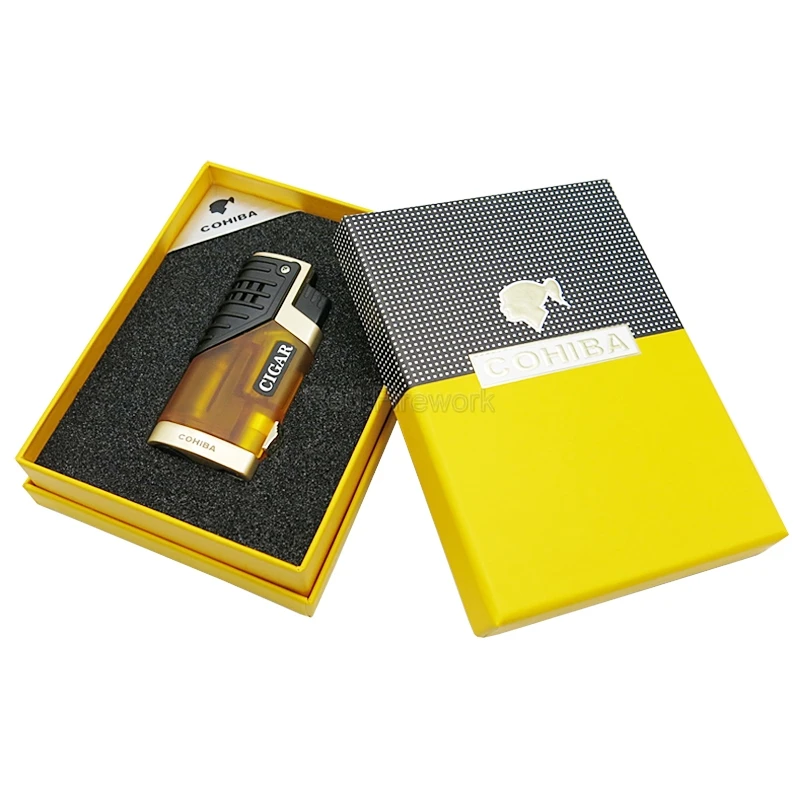 Абсолютно новые зажигалки COHIBA, классические, портативные, ветрозащитные, тройные, 3 пламени, сигареты, сигары, зажигалка с сигарой, удар, подарочная коробка