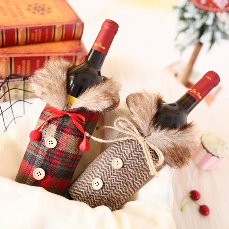 

Christmas Wine Bag Red Wine Bottle Set Burlap Bow Pattern Christmas Wine Bottle Cover Bags Home Party Christmas Decorations