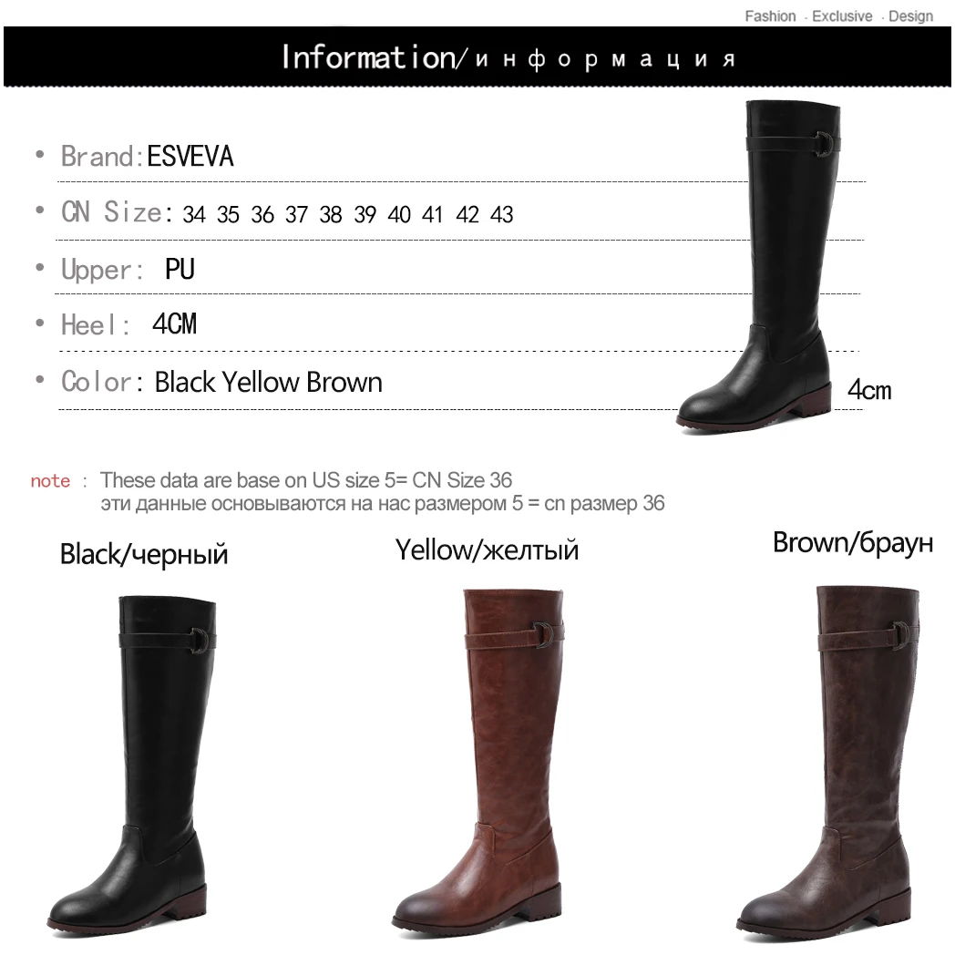 

ESVEVA 2020 Shoes Women Knee-high Boots Med Heel PU Leather Boots Zipper Winter Platform Round Toe Motorcycle Boots Size 34-43