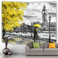 wall hanging grey london big ben with couple yellow tree umbrella art living room home tapestry large fabric boho landscape deco
