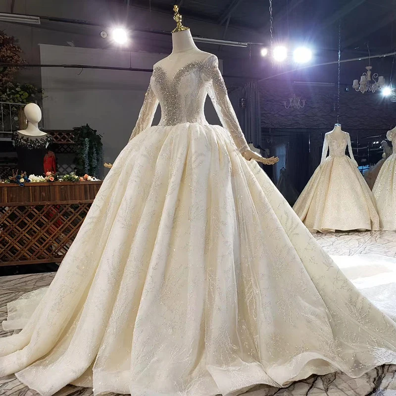 HTL1593 Top With Diamonds Elegant Wedding Dress 2020 O-Neck Summer Bridal Dresses For Girl Big Train فساتين اعراس