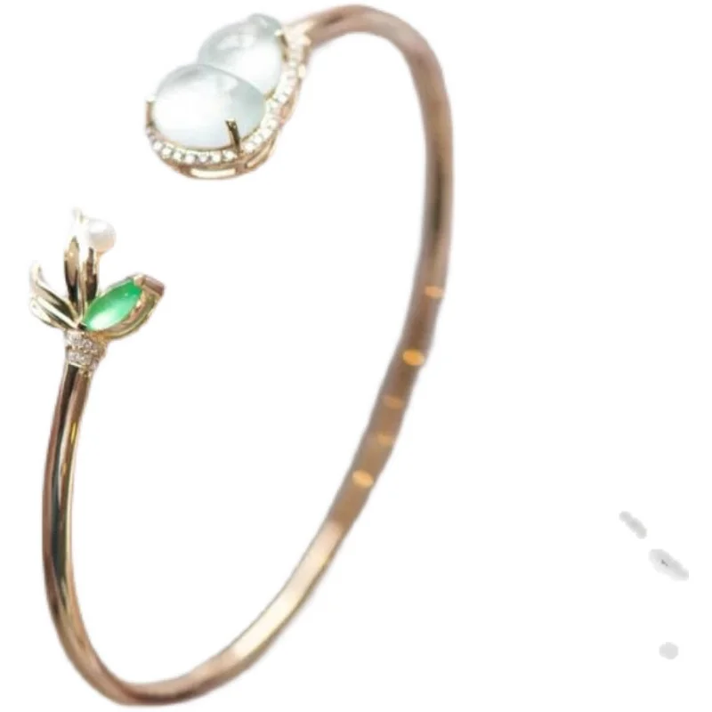 

European and American High Ice Transparent Chalcedony Gourd Yang Green Leaves Bracelet S925 Sterling Silver Inlaid Exquisite