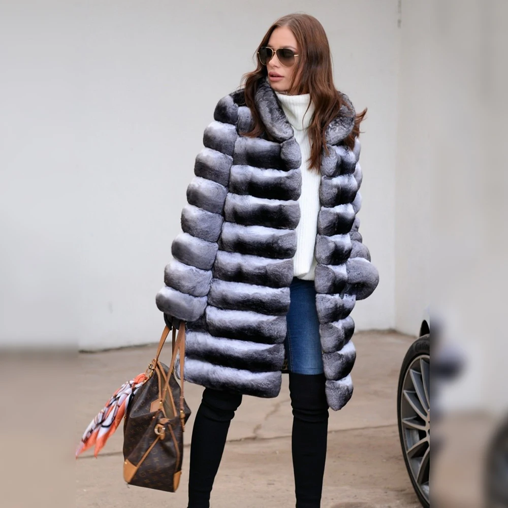 90cm Long Real Fur Coats Winter Fashion Women 2022 New Chinchilla Color Natural Rex Rabbit Fur Coat Stand Collar Fur Overcoats