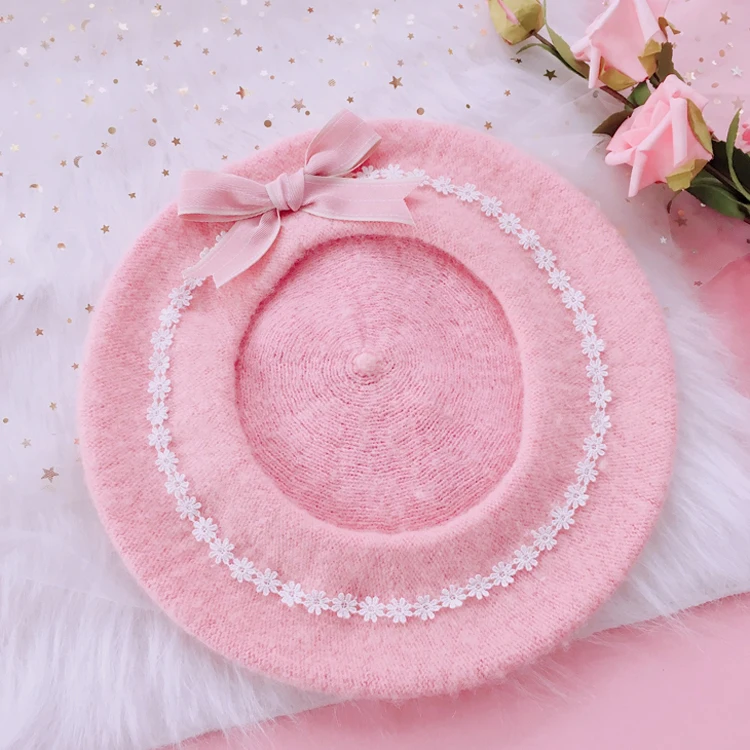 Pink Японский берет в стиле Лолиты для девочек; милый шерстяной Женский мягкий берет с бантом и ромашками - Цвет: Pink
