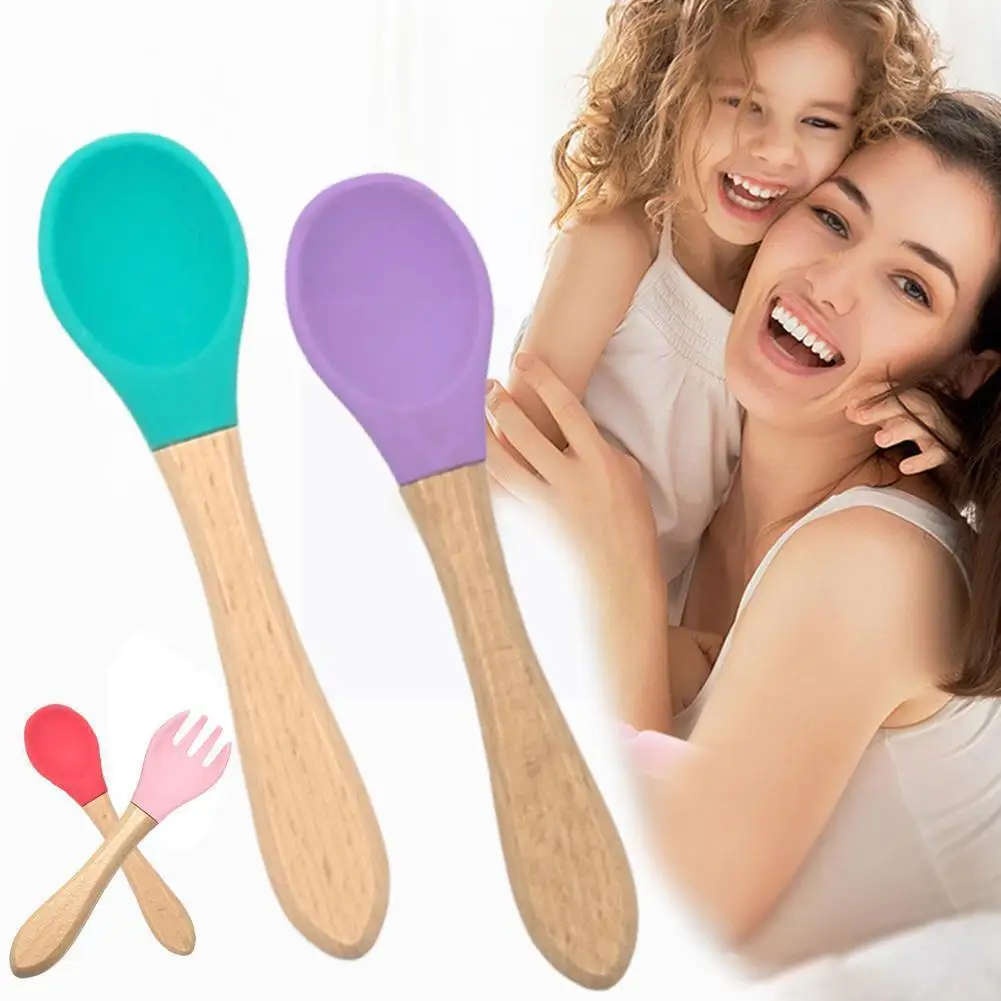 

Детская силиконовая посуда, ложка и вилка с деревянной ручкой, безопасные детские столовые приборы для кормления B6k9