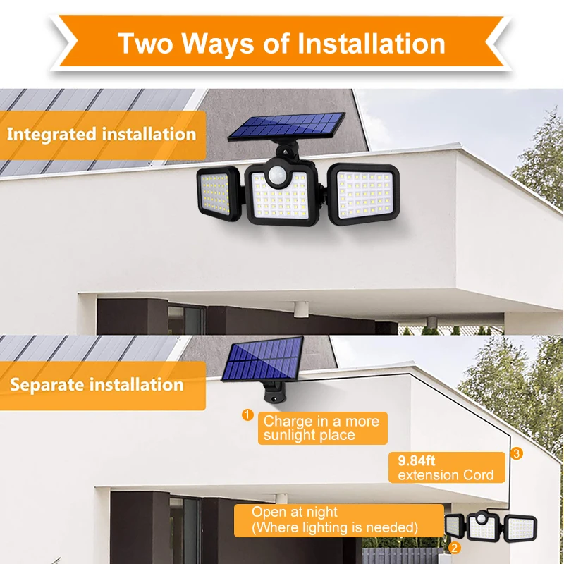 

Solar LED Light Outdoor 108 LED 3 Head Motion Sensor Remote Control Lamp 270 Wide Angle Illumination Wall lamp Flood Lights