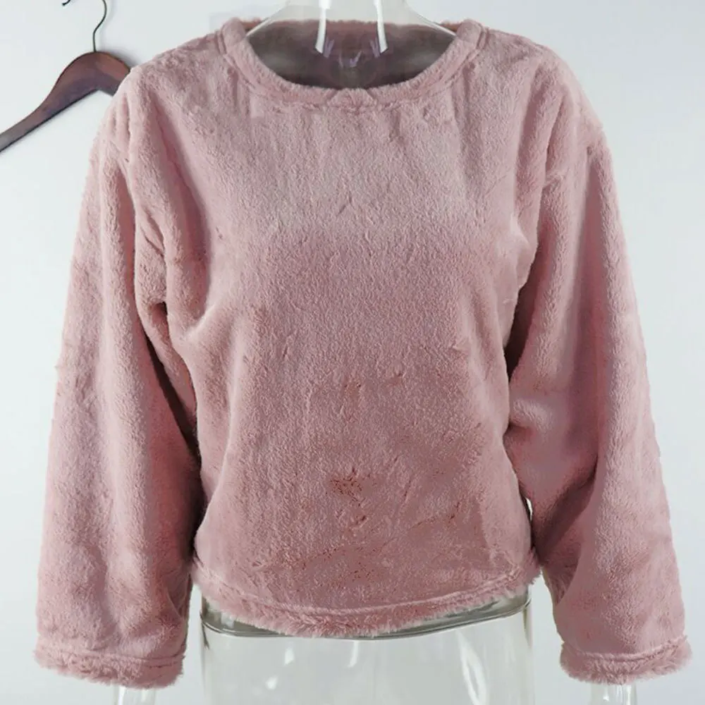 

FAshion O-Neck Sexy Female Plush Solid Pullovers Soft Fleece Loose Lady Casual Outwear For Women Casual Long Sleeve Sweatshirts