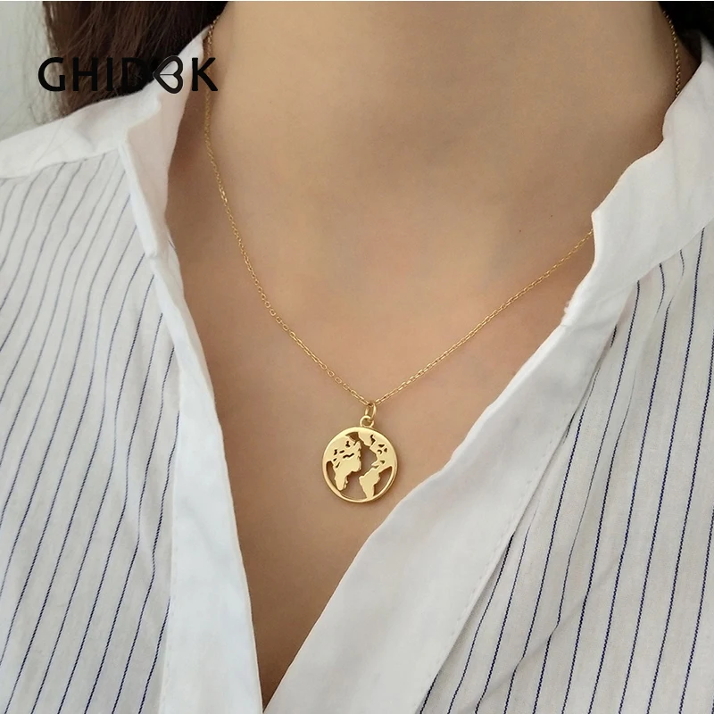 

GHIDBK 925 Sterling Silver World Map Pendant Necklaces Dainty Globe Chain Choker Necklace 2018 Simple Earth Chokers Statement