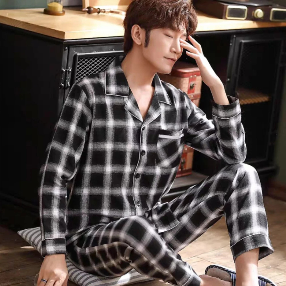 Spring Autumn Pajama Sets Suit Knitted Cotton Casual Long Sleeve Sleepwear Plaid Home Wear Plus Size Comfortable Pajamas For Men