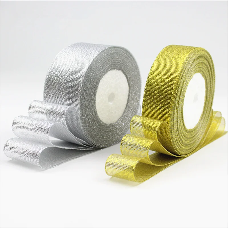 Лента атласная золотистая/серебристая с блестками 25 ярдов