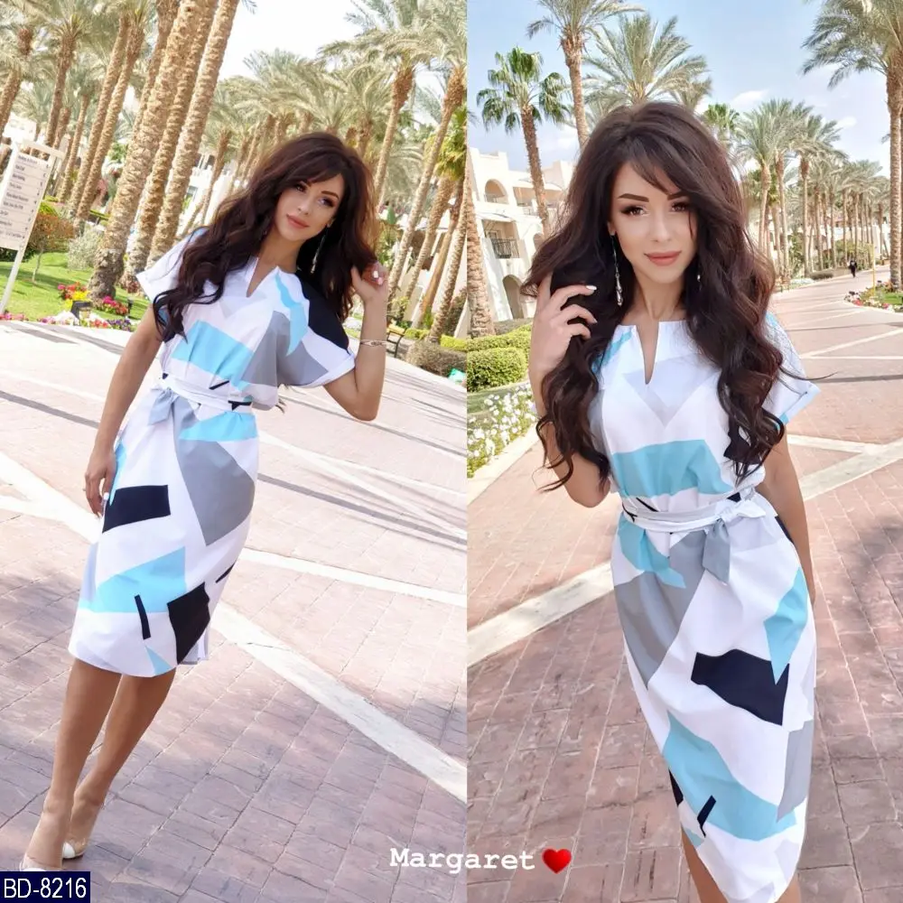 Новые цвета печати женское осеннее платье v образным вырезом с коротким рукавом