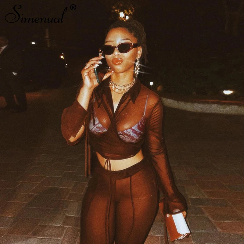 

Simenual Mesh Sheer Bandage Tie Front Cropped Tops Baddie Cyber Ghetto Clothing Long Sleeve See Through Tee Shirt Tan Club Top