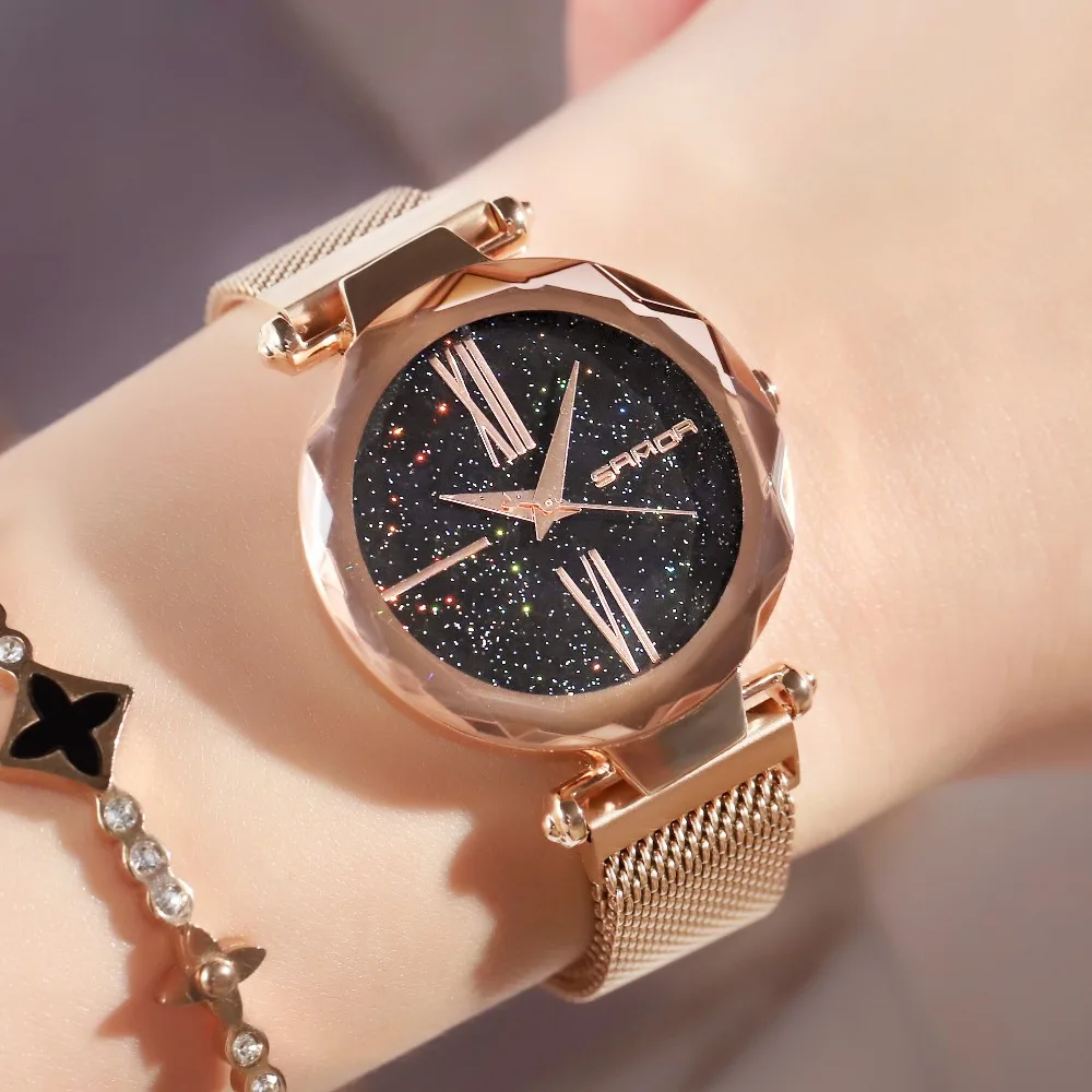 Женские часы с кристаллами модные кварцевые магнитной пряжкой наручные из