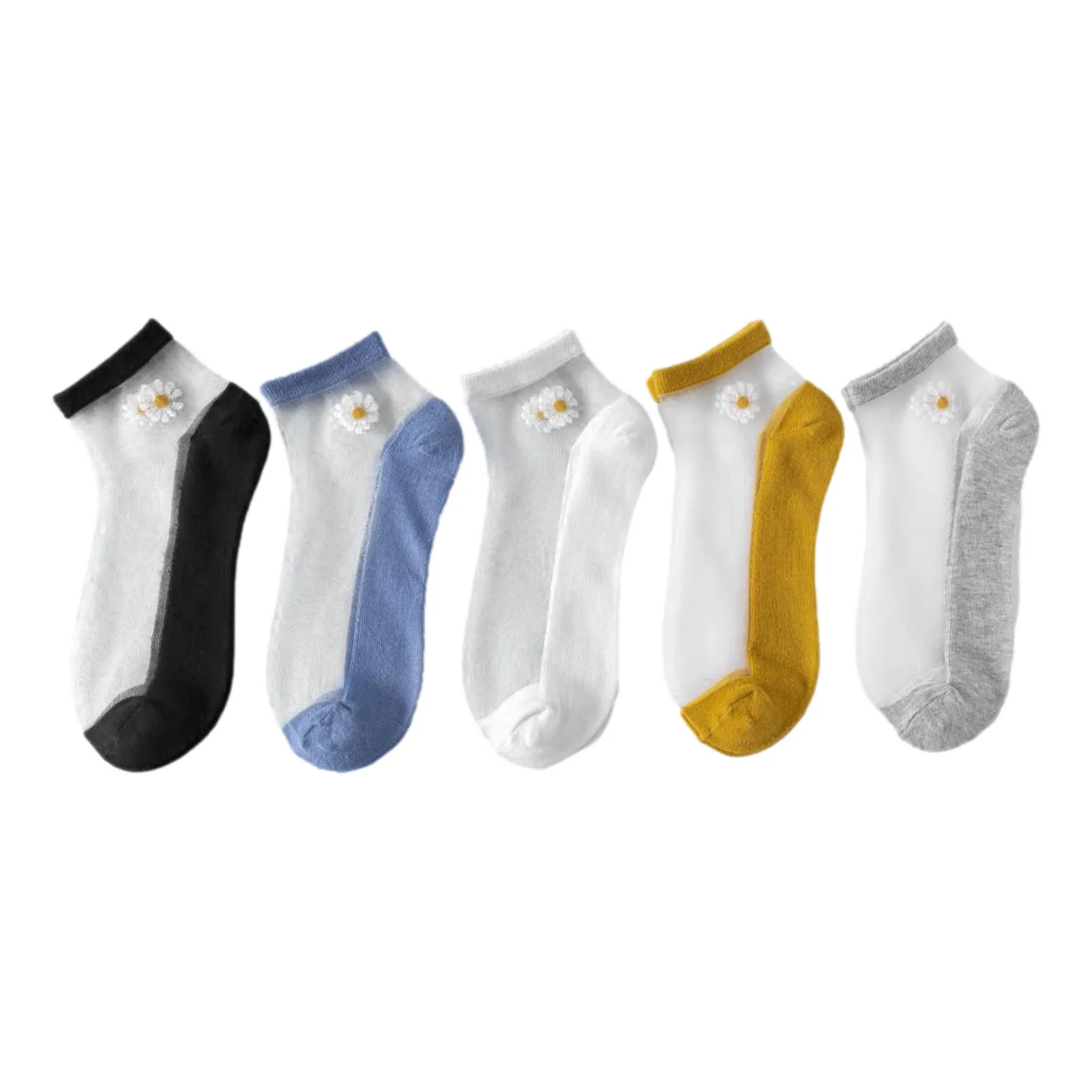 

5 Pairs Socks small daisy Women short Socks summer boat sock glass silk Ultra Thin Breathable shallow mouth cotton socks