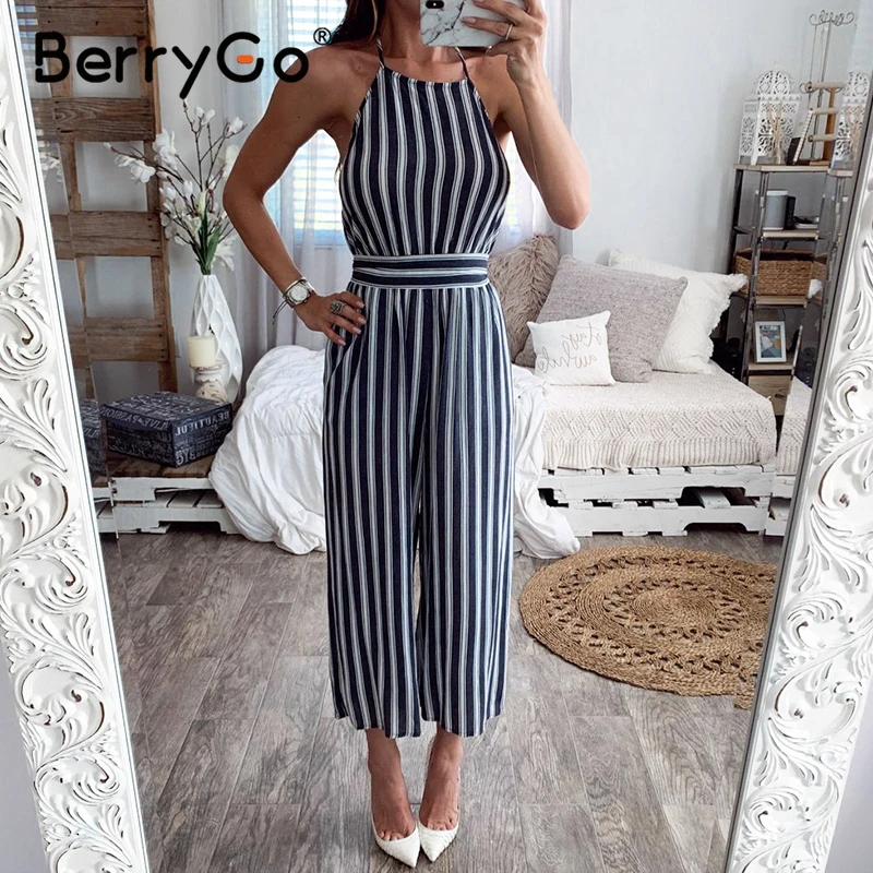 BerryGo полосатый женский комбинезон с открытой спиной на шнуровке богемный