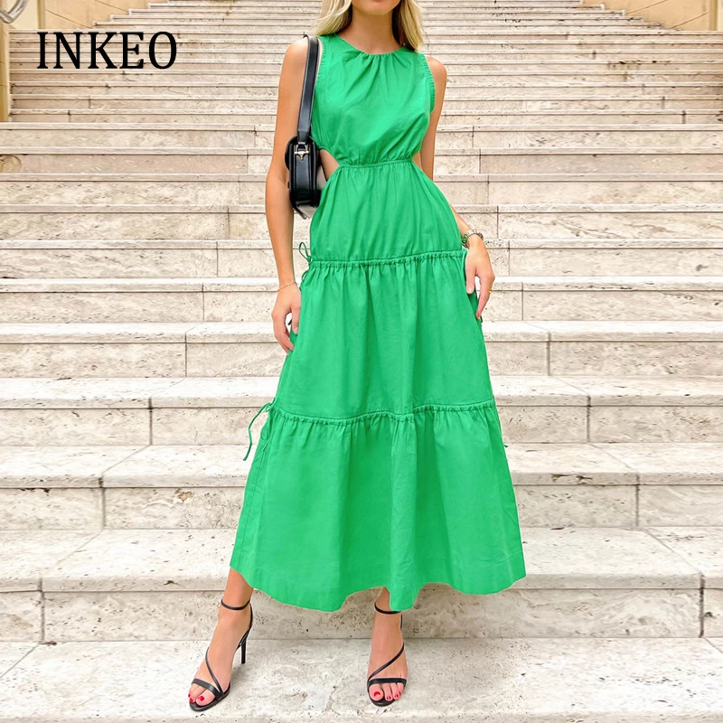 

Green Sleeveless Women Maxi dress Fashion Summer Sexy Hollow out Draw String Long dresses Beach Ladies Clothing 2022 INKEO 2D009