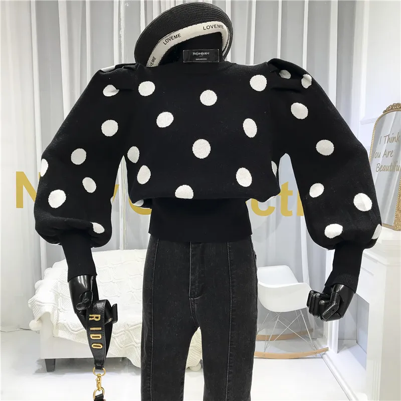 Женское платье-свитер ALPHALMODA в горошек с круглым вырезом рукавами-пузырьками на