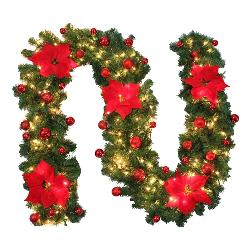 

9 Ft Pre-Lit Garland Christmas Illuminated LED Light Flower Ball Decoration Pine Cone Xmas Wreath Stairs Fireplace (Red)