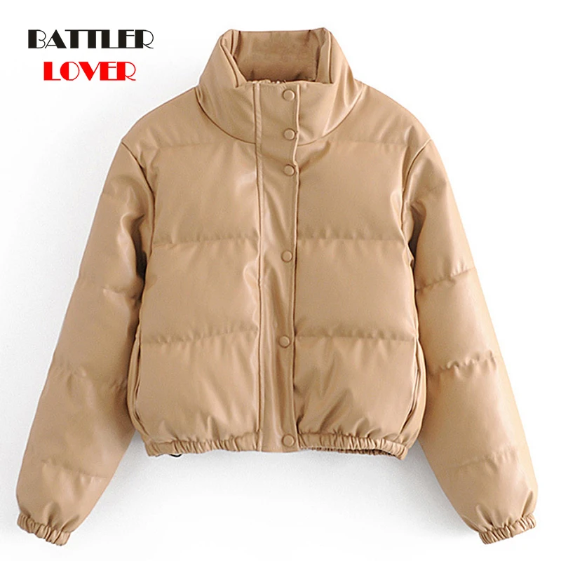 

Women Fashion Leather Padded Jacket Thick Warm Parkas for Lady Vintage Long Sleeve Coats Female Windbreaker Outerwear Chic Tops