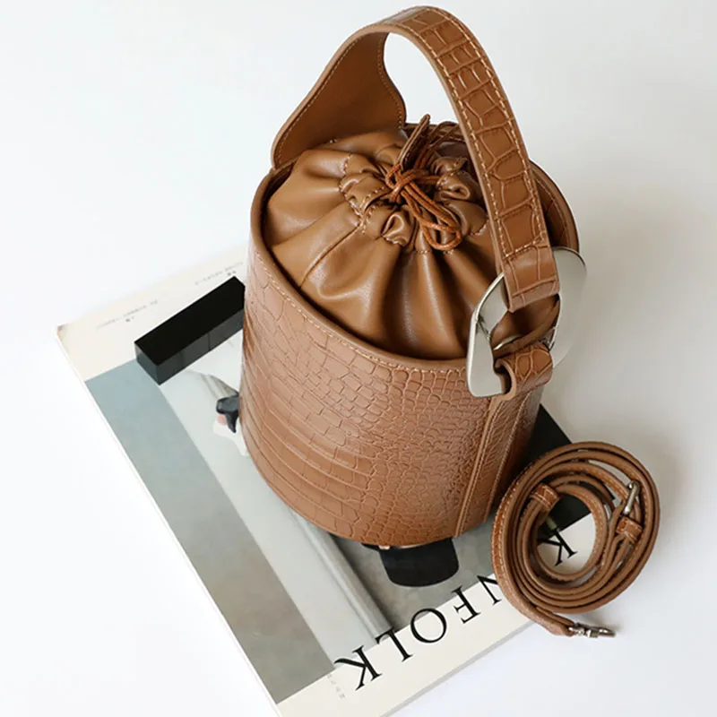 Винтажные повседневные сумки-ведра для женщин саквояж на плечо с крокодиловым