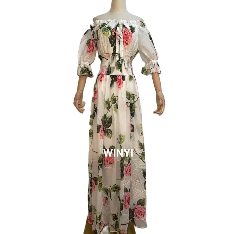 

Summer Fashion Runway Boho Maxi Dresses Women's Long Sleeve Rose Flowers Print Holiday Elegant Party Long Dress 2021 WINYI