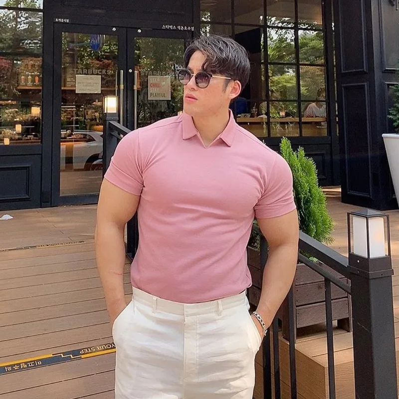 

Summer V-Neck Muscular Sport Polo Shirts With Solid-Color Lapels, Round Bottoms Body-Slimming Fitness Shirts And Short Sleeves