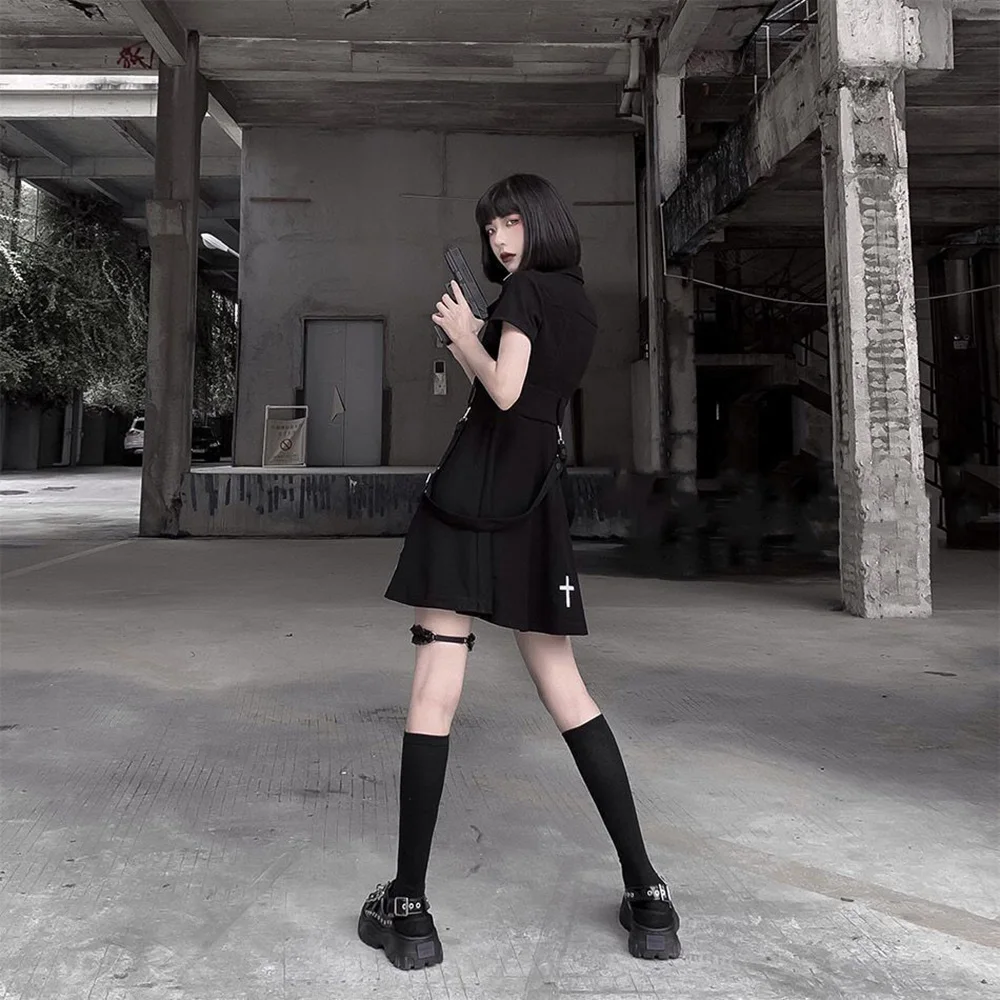 Женское осеннее платье Goth Fashion Trend Dark рубашка в стиле панк с короткими рукавами