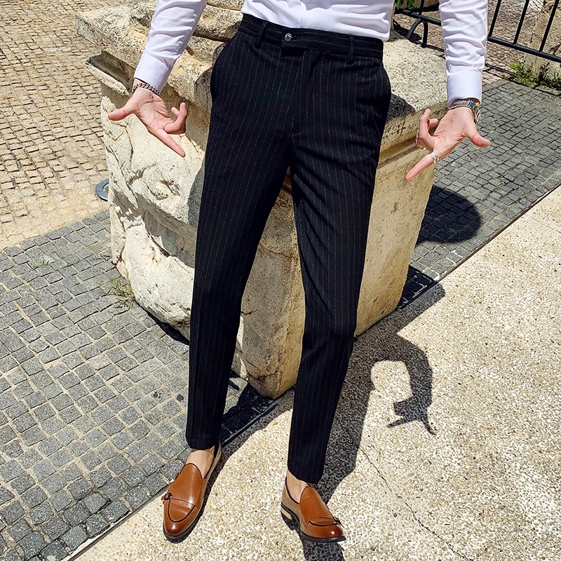 Men Suit Pants 2020 New Fashion Slim Fit Stripe Print Flat Front Stretch Dress Straight Cotton Business Formal Trousers | Мужская одежда