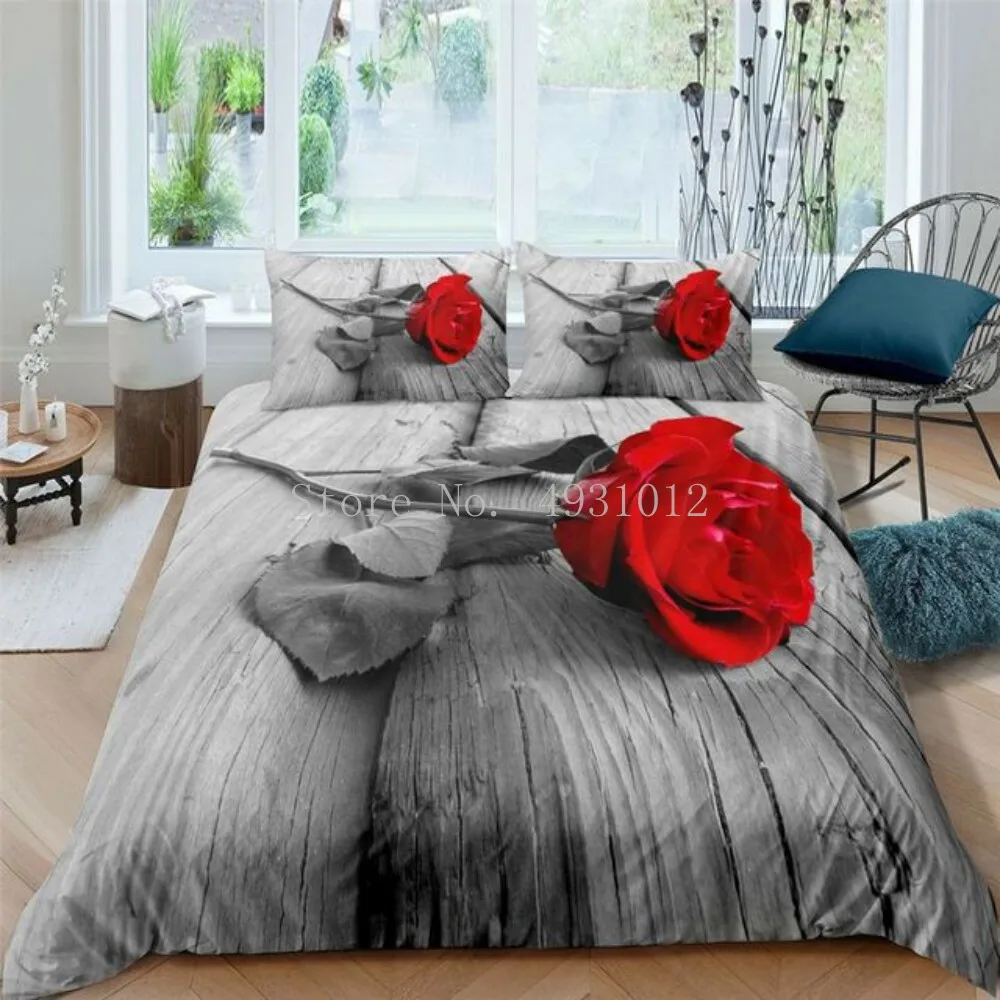 

Flower Red Rose Bedding Set Luxury Comforter Duvet Covers Pillowcases Comforter Bedding Sets Bed Linings King Queen Single Size
