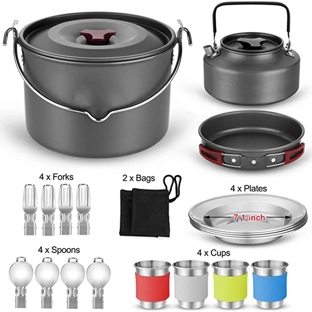 

Camping cookware 22-piece mess kit, large hanging pot pan kettle, dish, fork and spoon set for outdoor camping hiking and picnic