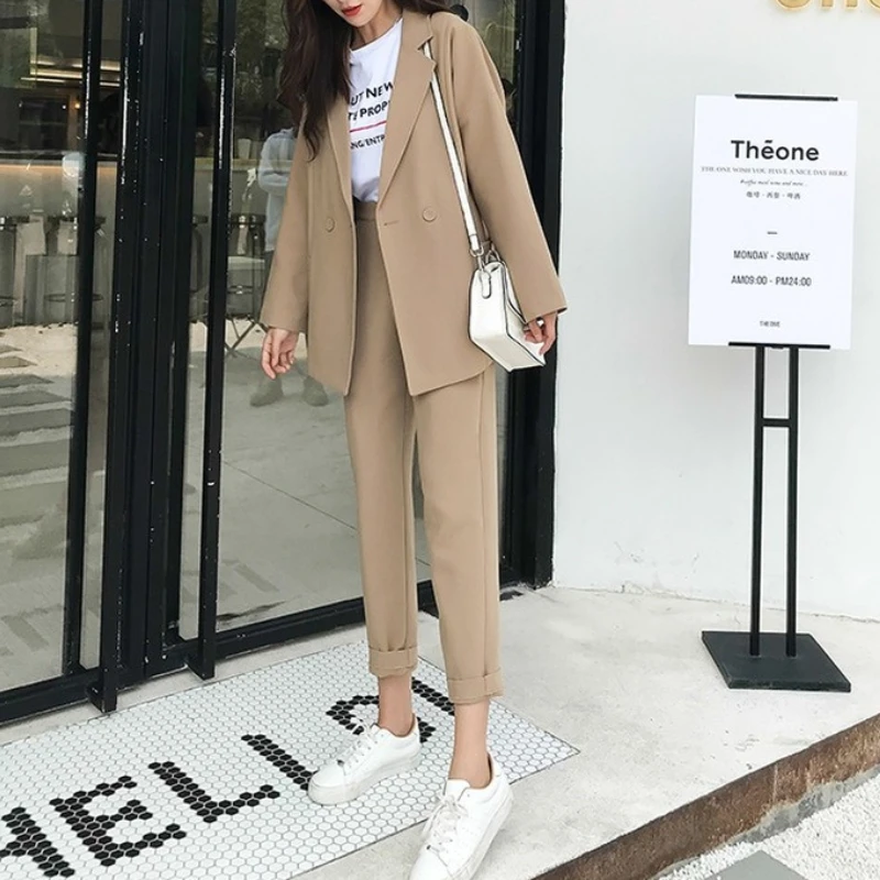 

New Spring Autumn Suit for Female Elegant Working Sets Korean Sets Formal Wear 2021 Women Khaki Blazer Long Pant Two Pieces Sets