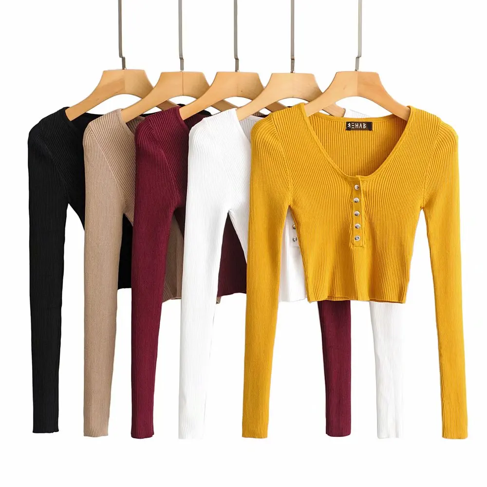 

Women's knitting Long Sleeve Sweater V-Neck Button Pullover 2020 Autumn Winter Female Elegant Slim Sexy Crop Top