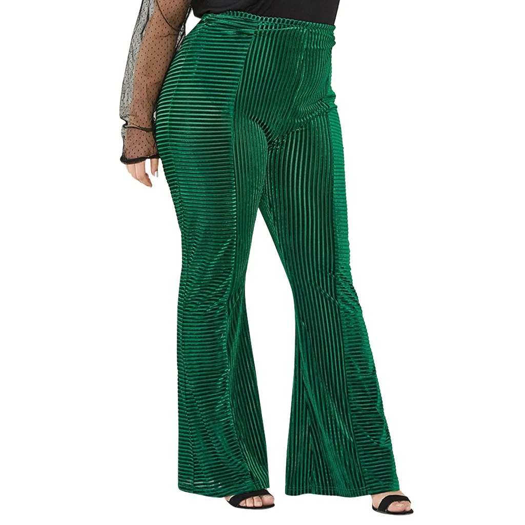 Зеленые винтажные расклешенные брюки женские осенне зимние размера плюс