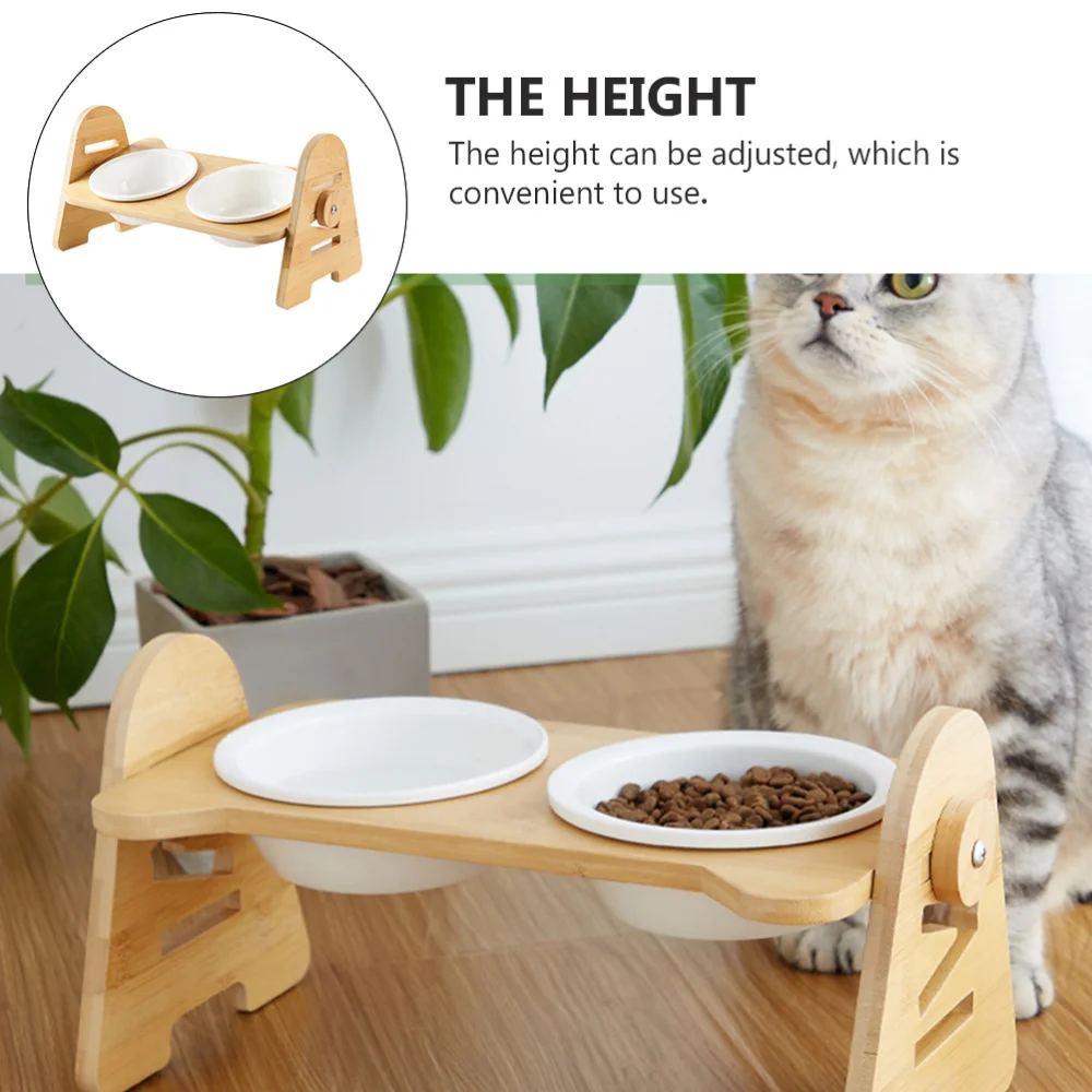

1Pc Cat Dog Double Eating Bowl Wooden Ceramic Feeder Practical Pet Supply