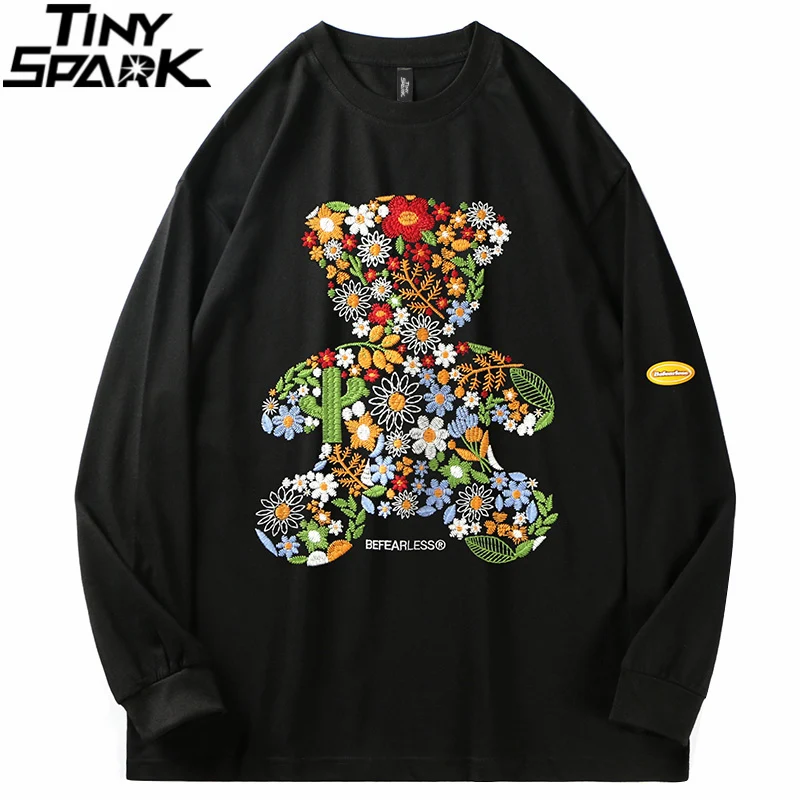 

Уличная футболка в стиле хип-хоп, Мужская Футболка Harajuku с вышитым медведем и цветком, 2021 Осенняя хлопковая Повседневная футболка, топы с дли...