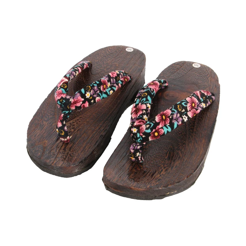 

Women's Casual Summer Slippers Natural Wood Floral Prints Cotton Fabric Med Heel Sandals/Flip Flops Japan Geta Cosplay Shoes