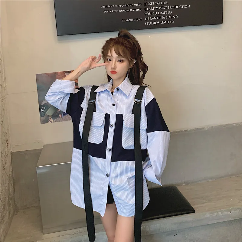 

SuperAen 2021 New Contrast Ribbon Tooling Pocket Striped Turn Down Collar Shirt Women's Autumn Full Loose Tops